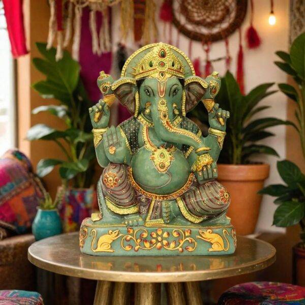 Real Jade Carving Ganesha with Gold Painting