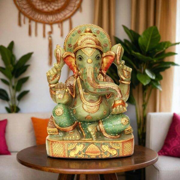 Real Jade Carving Ganesha with Gold Painting