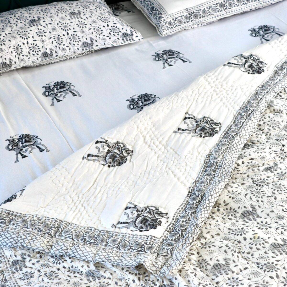 camel white and black block print quilt set of 4 6