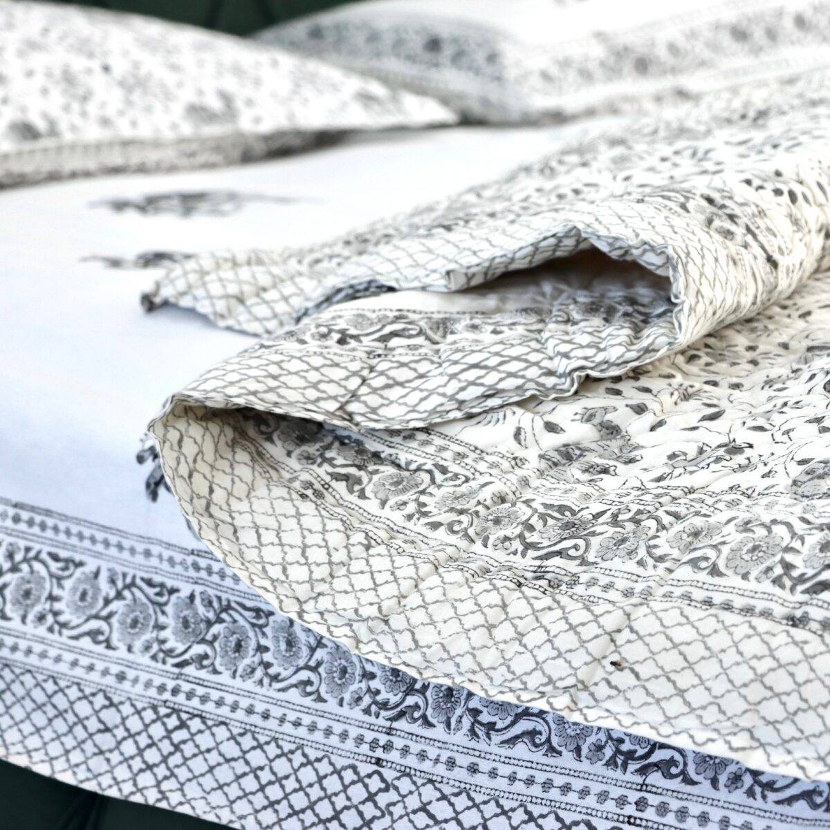 camel white and black block print quilt set of 4 7