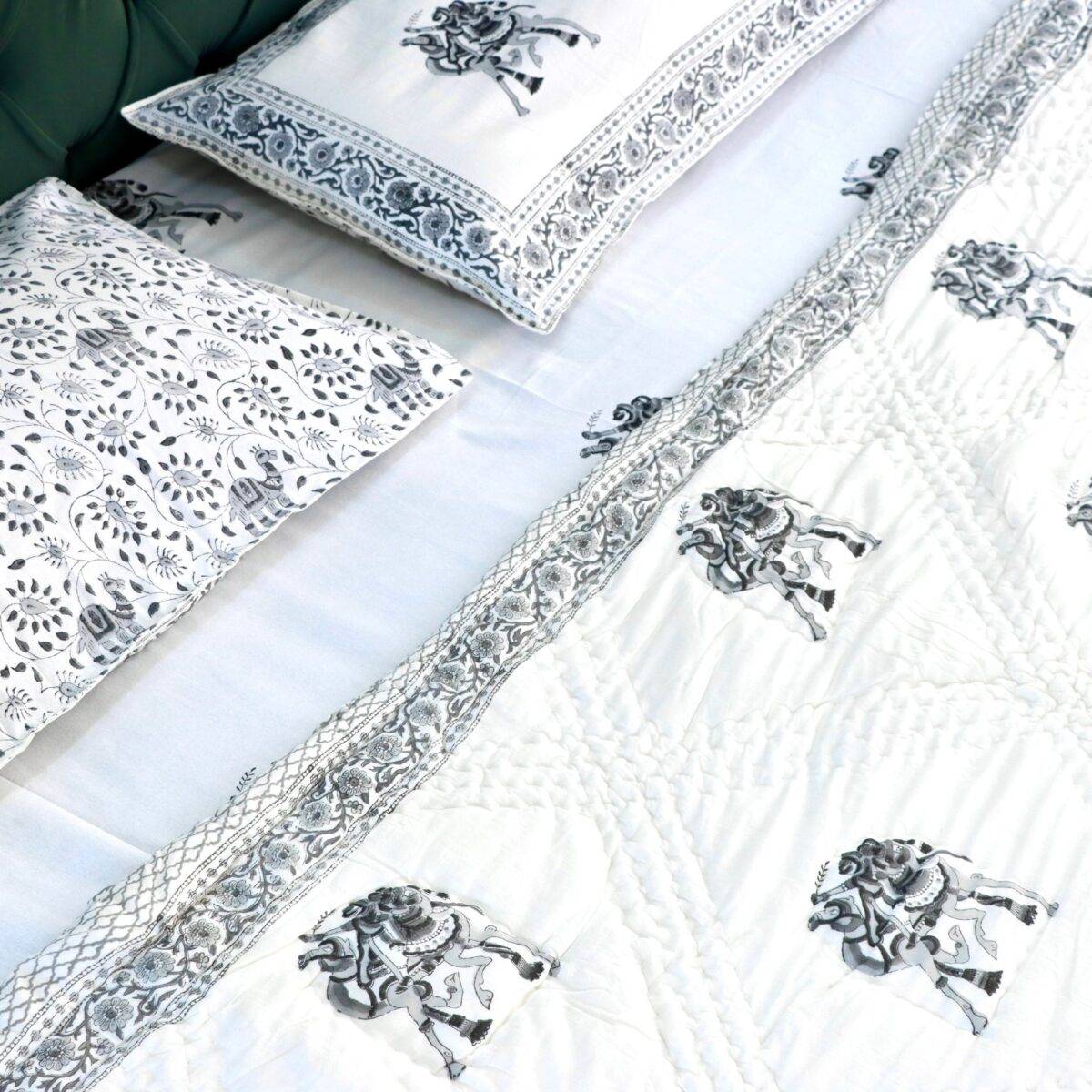 camel white and black block print quilt set of 4 9