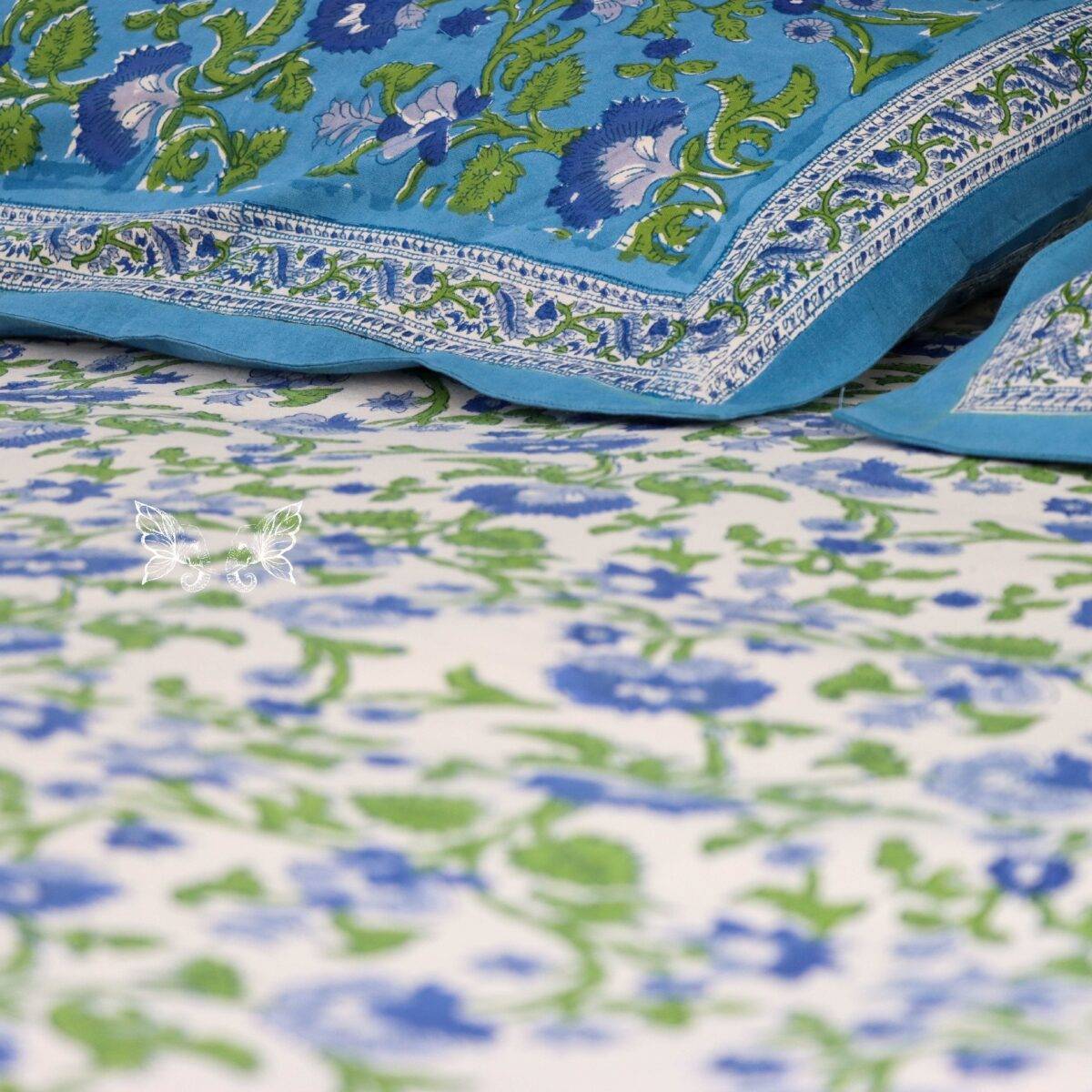 handblock print quilt blue floral white