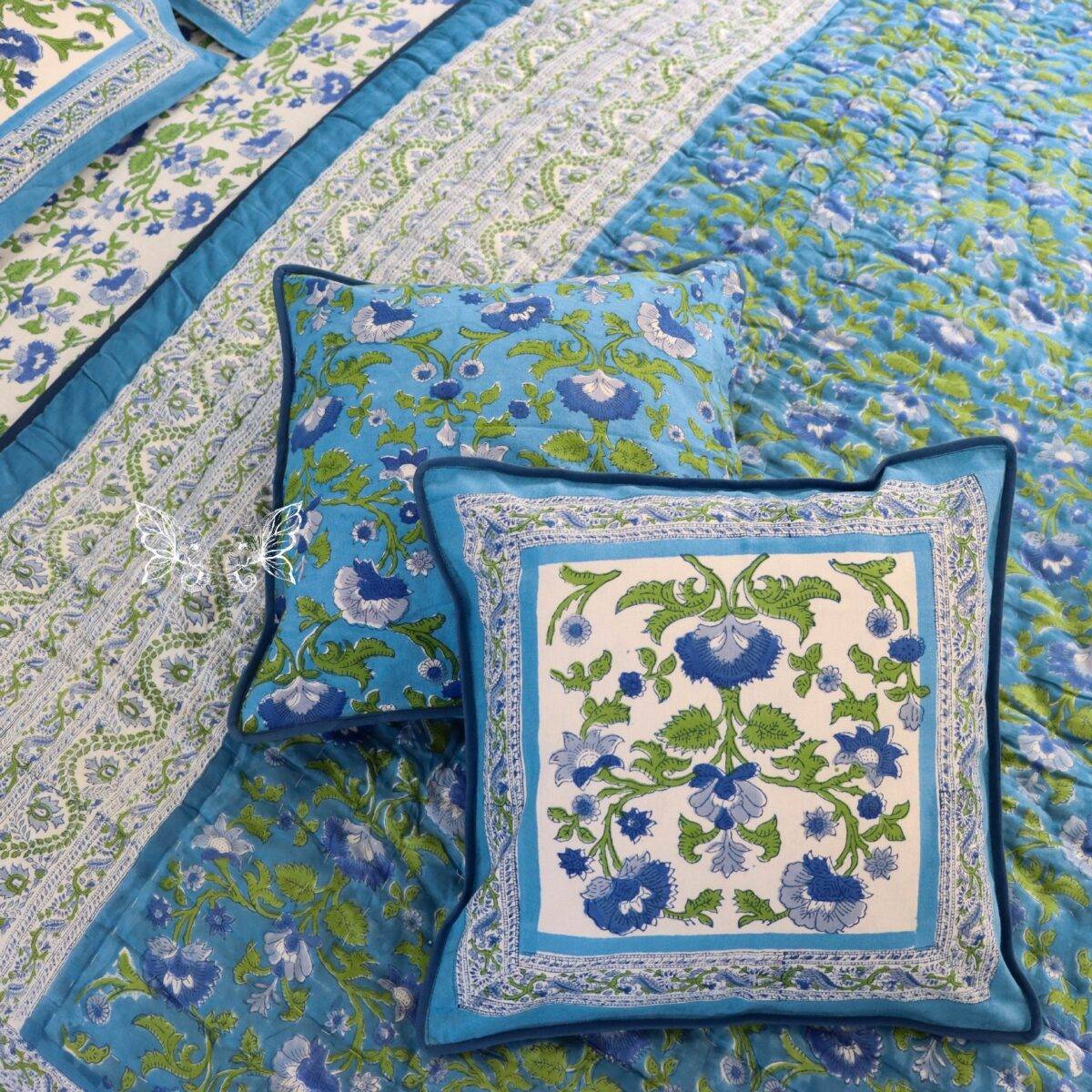 handblock print quilt blue floral white 10