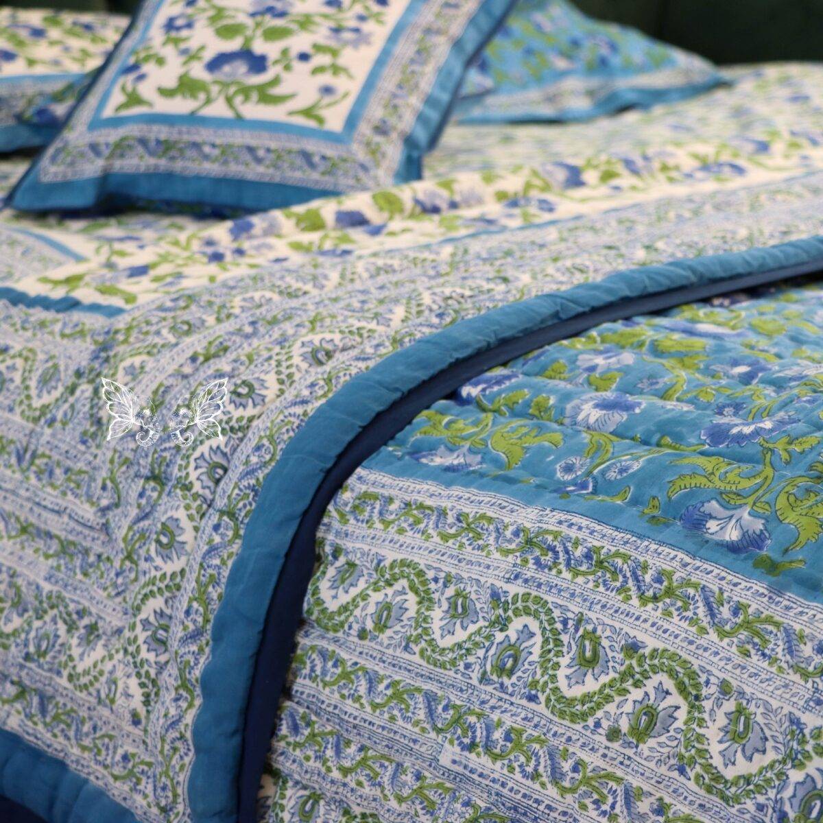 handblock print quilt blue floral white 11
