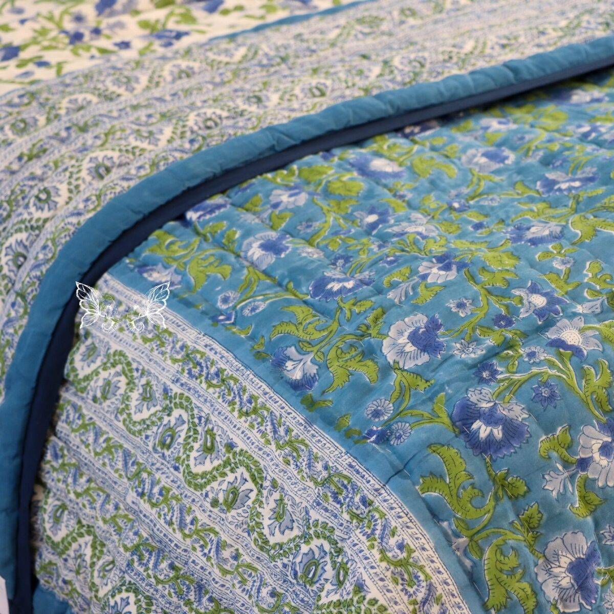 handblock print quilt blue floral white 12