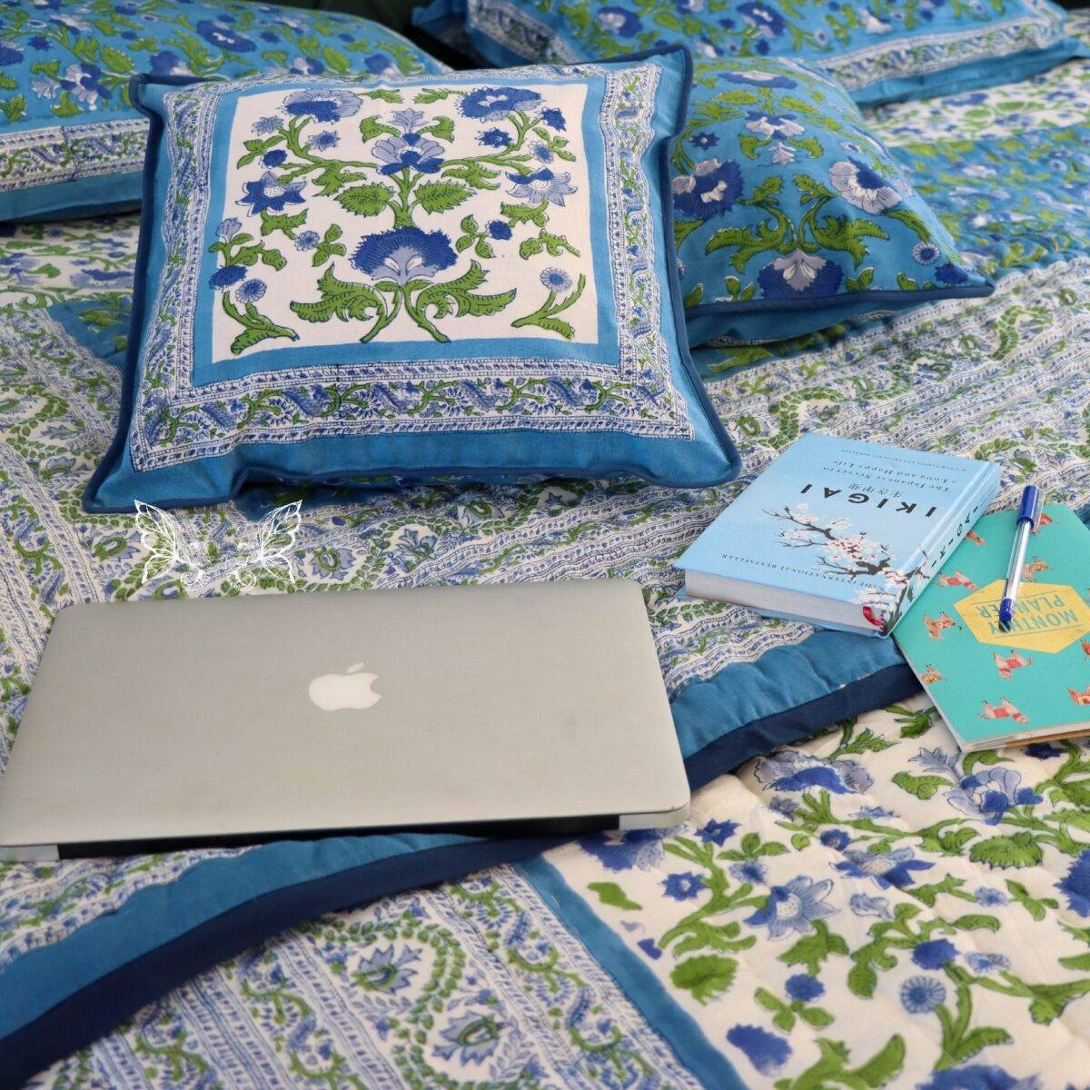 handblock print quilt blue floral white 13