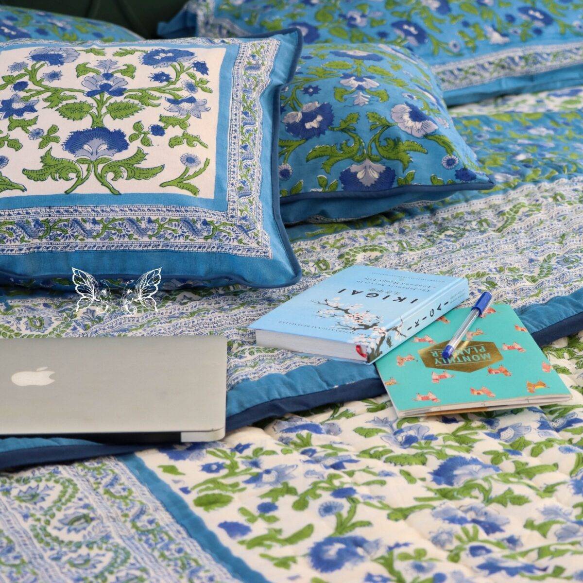 handblock print quilt blue floral white 14 1