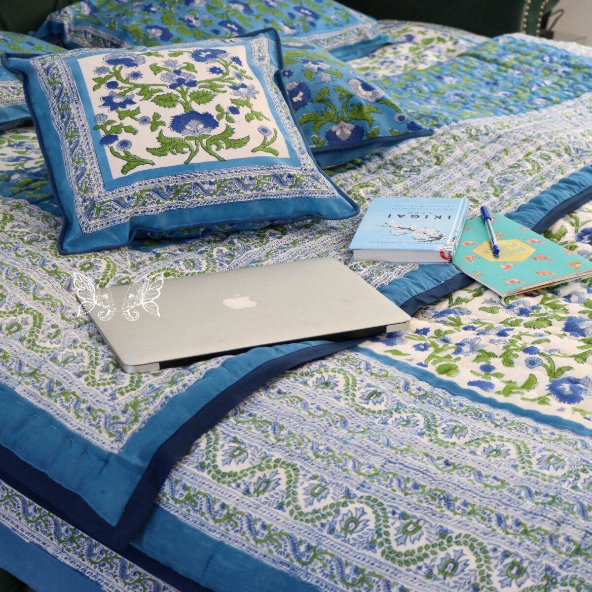 handblock print quilt blue floral white 15
