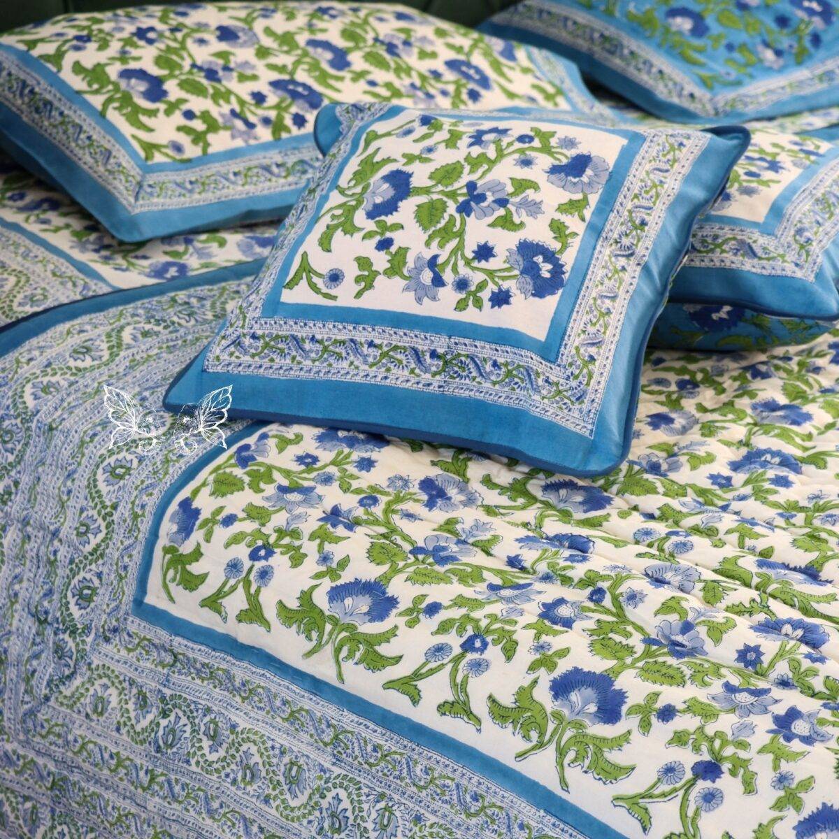 handblock print quilt blue floral white 4