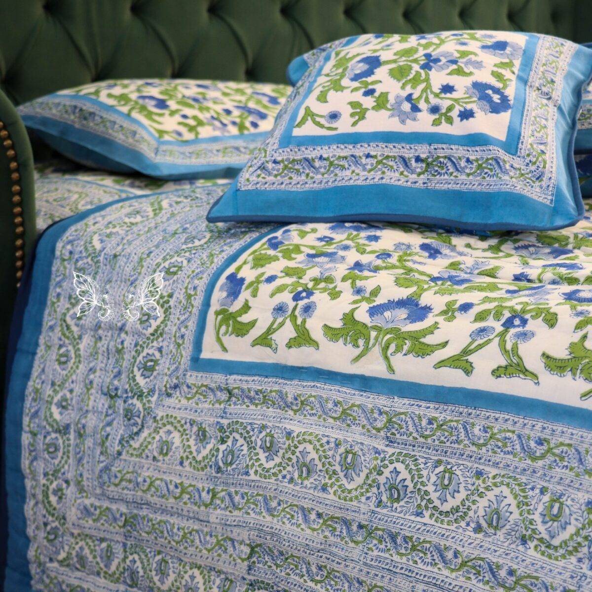 handblock print quilt blue floral white 5