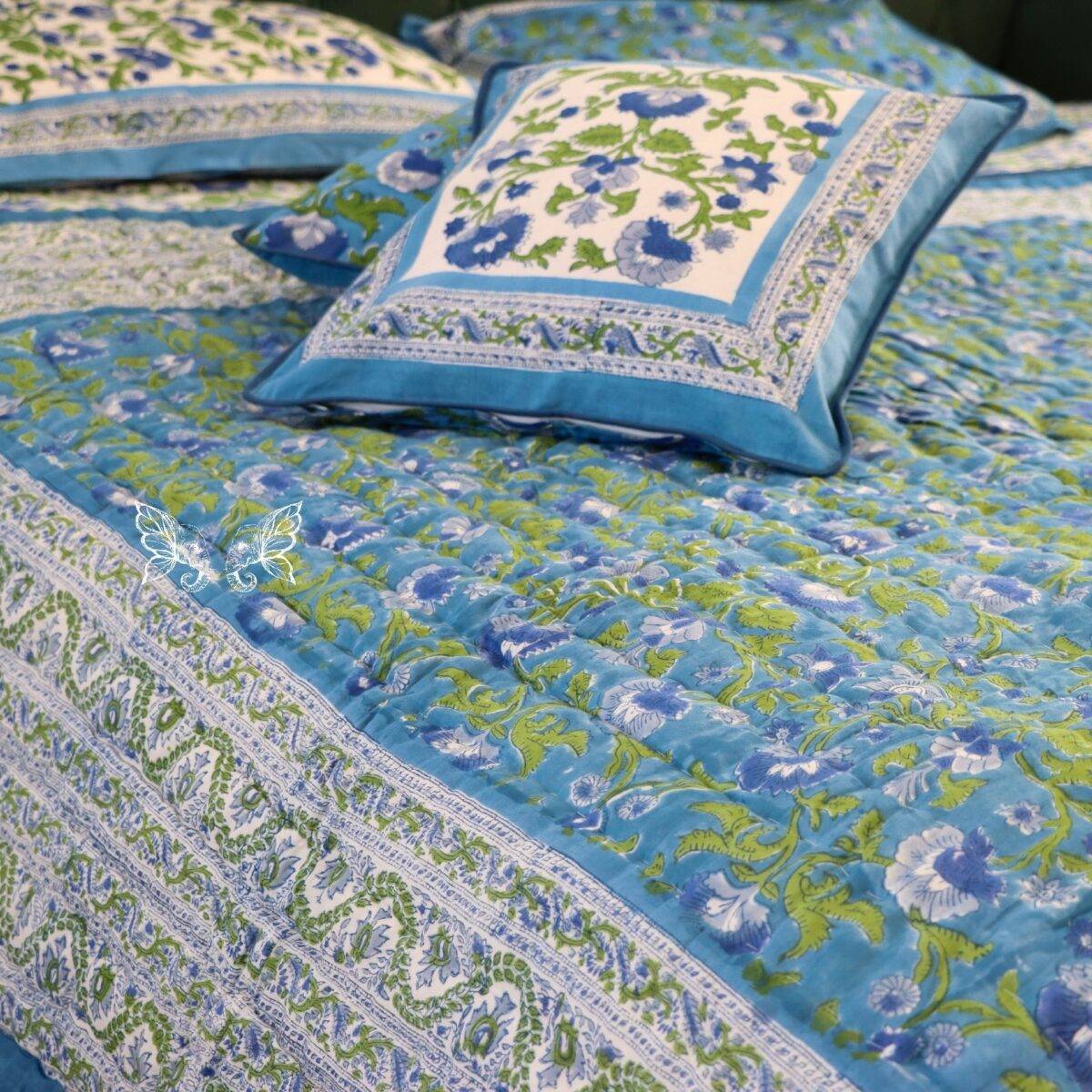 handblock print quilt blue floral white 9