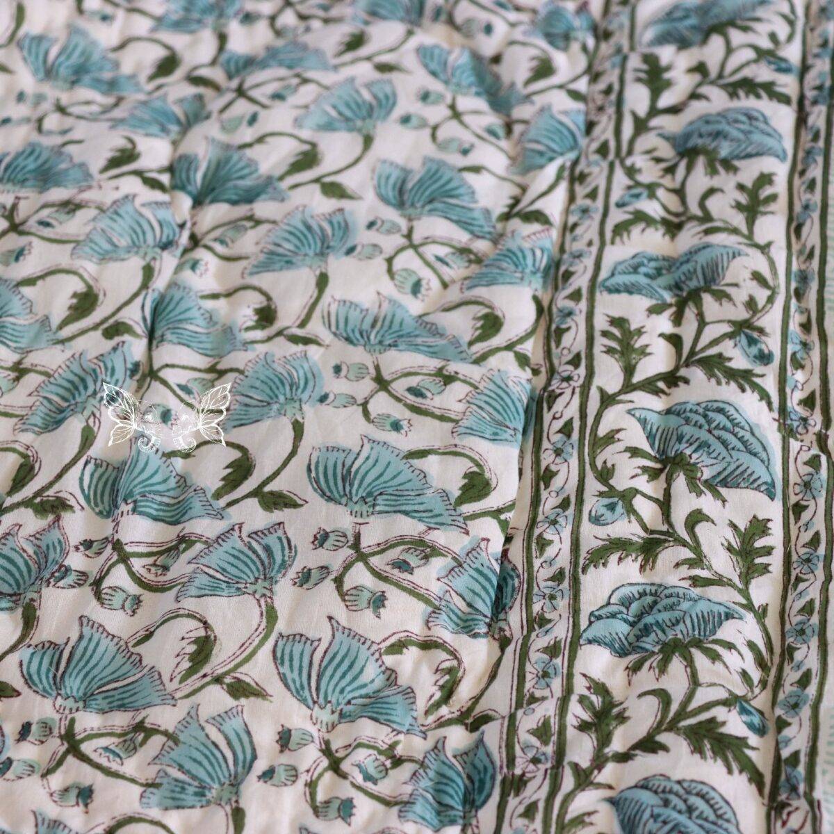 handblock print quilt single floral blue and white
