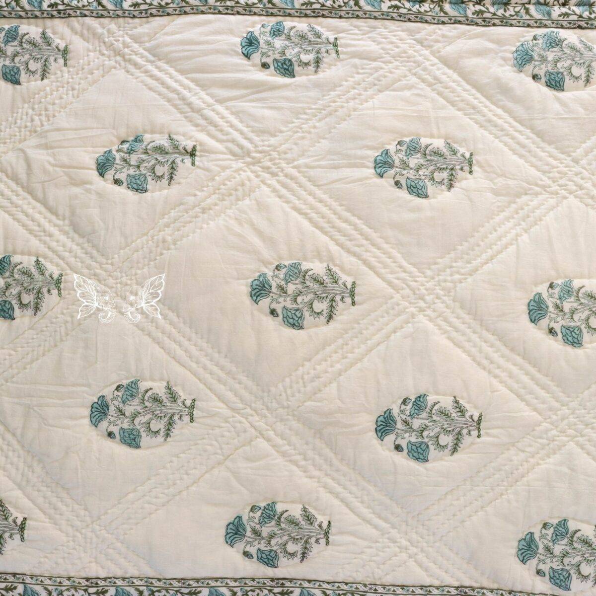 handblock print quilt single floral blue and white 11