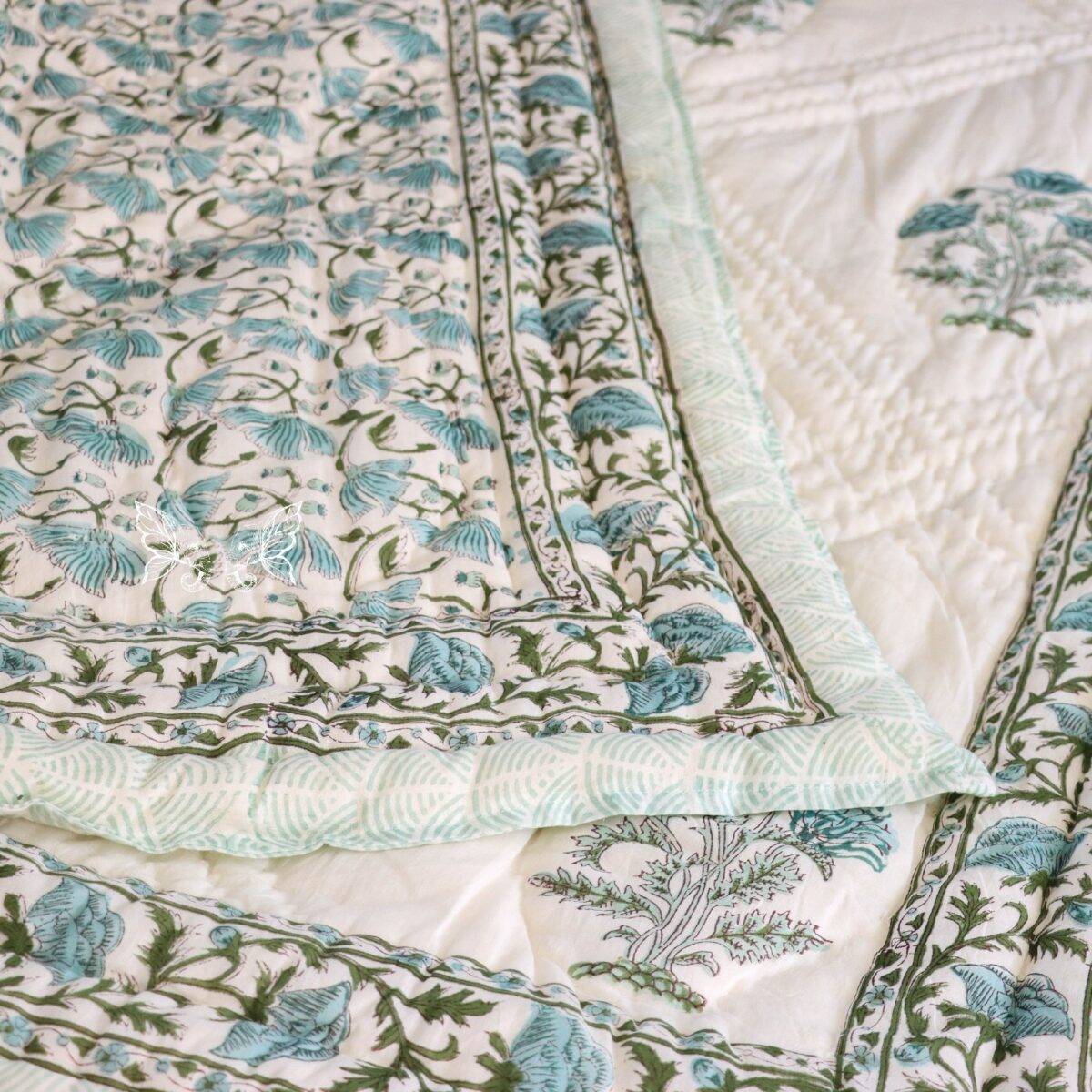 handblock print quilt single floral blue and white 12