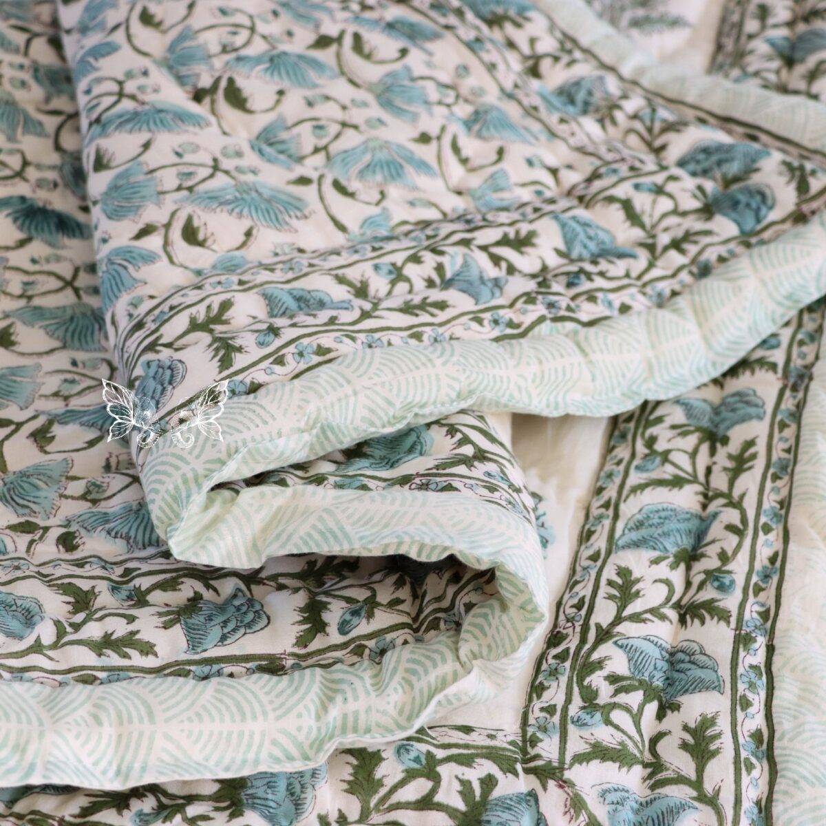 handblock print quilt single floral blue and white 13