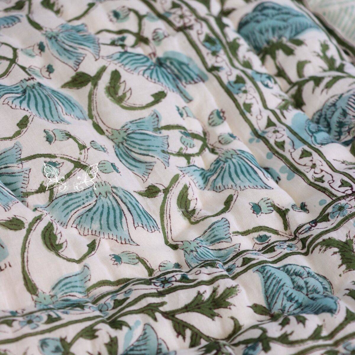 handblock print quilt single floral blue and white 14