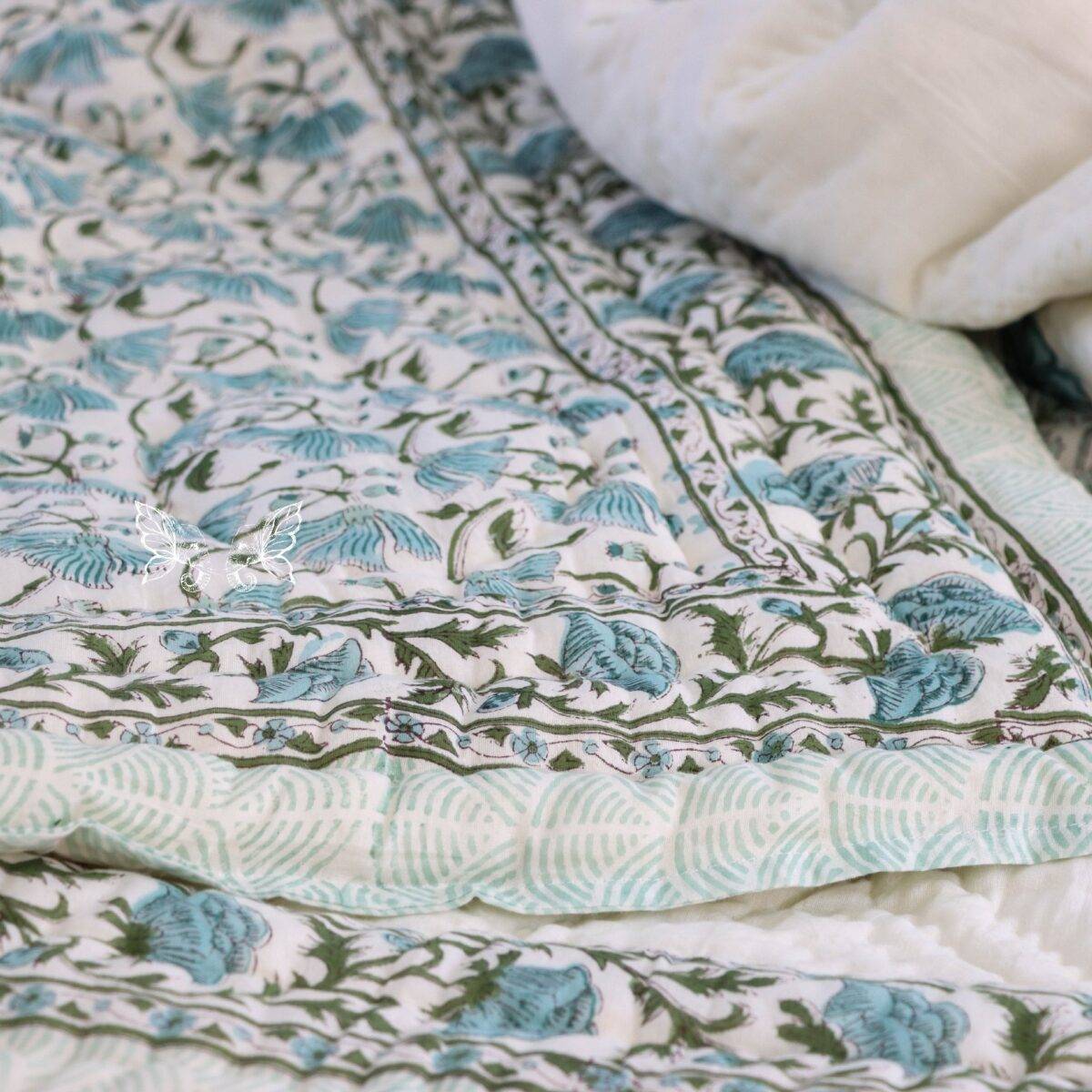handblock print quilt single floral blue and white 15