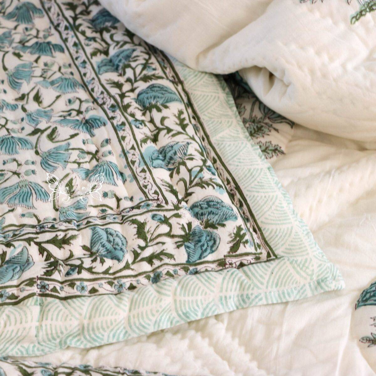 handblock print quilt single floral blue and white 16