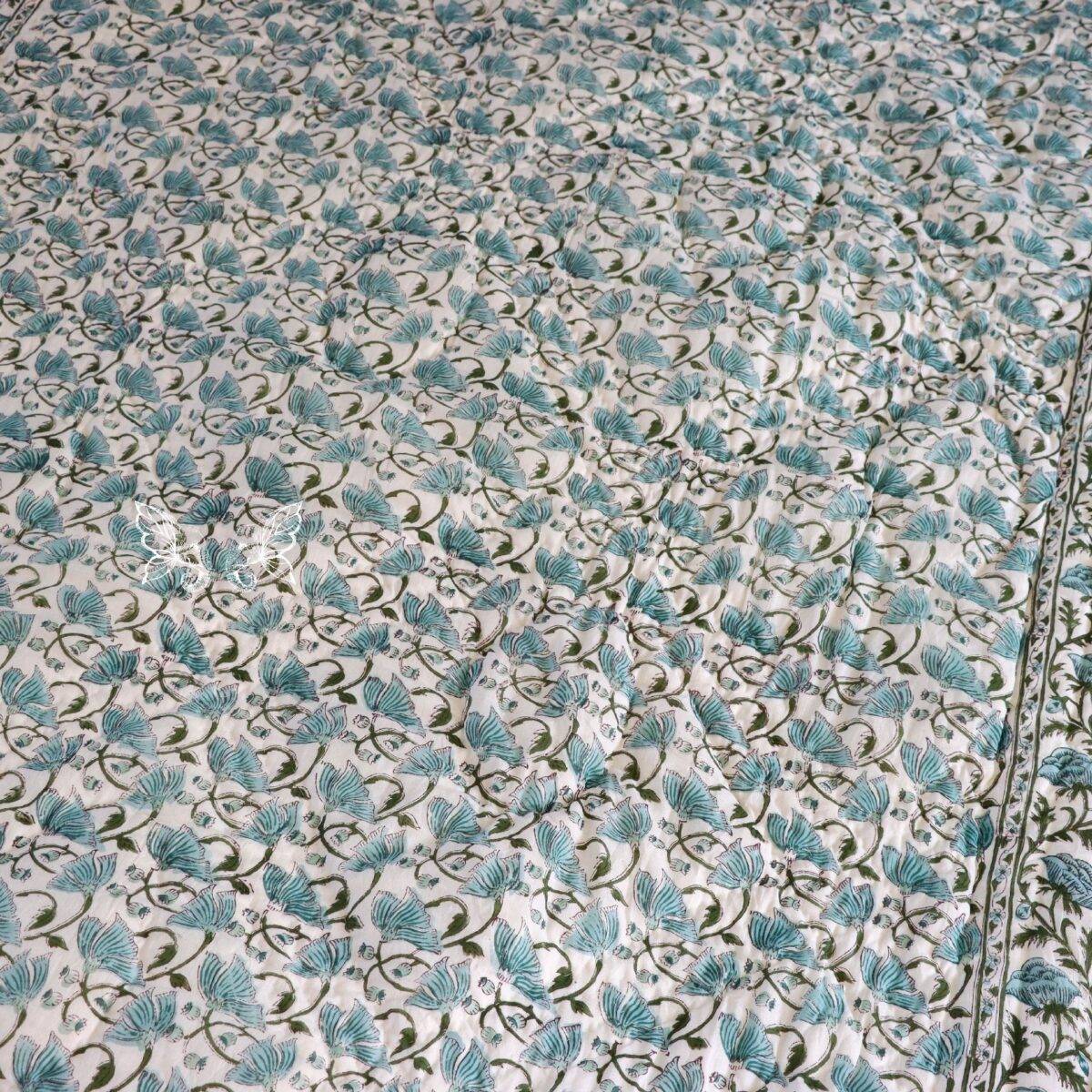 handblock print quilt single floral blue and white 2