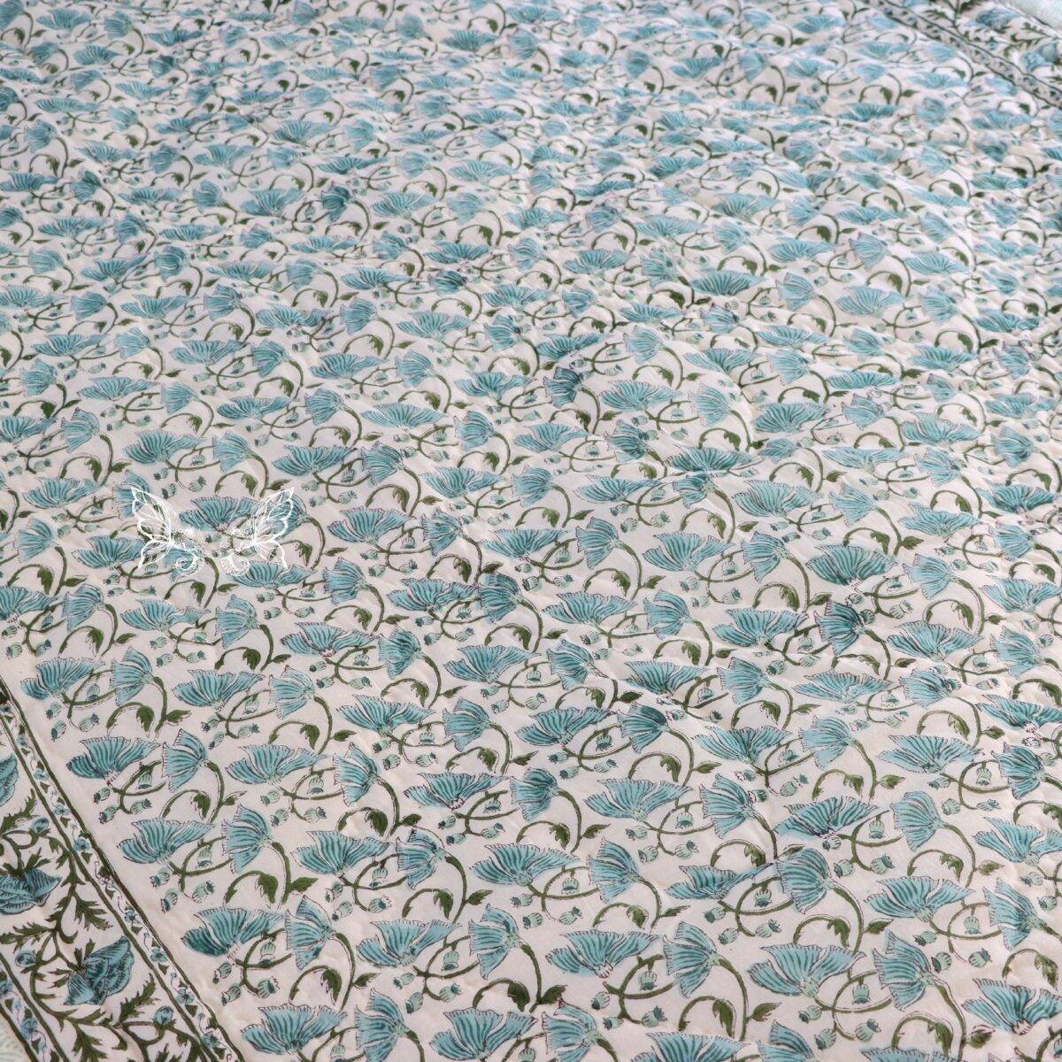 handblock print quilt single floral blue and white 3