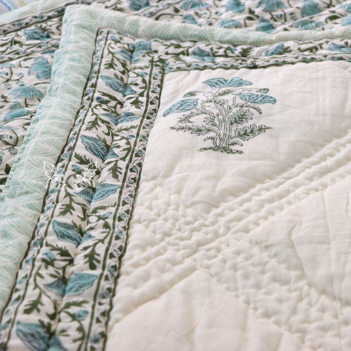 handblock print quilt single floral blue and white 4