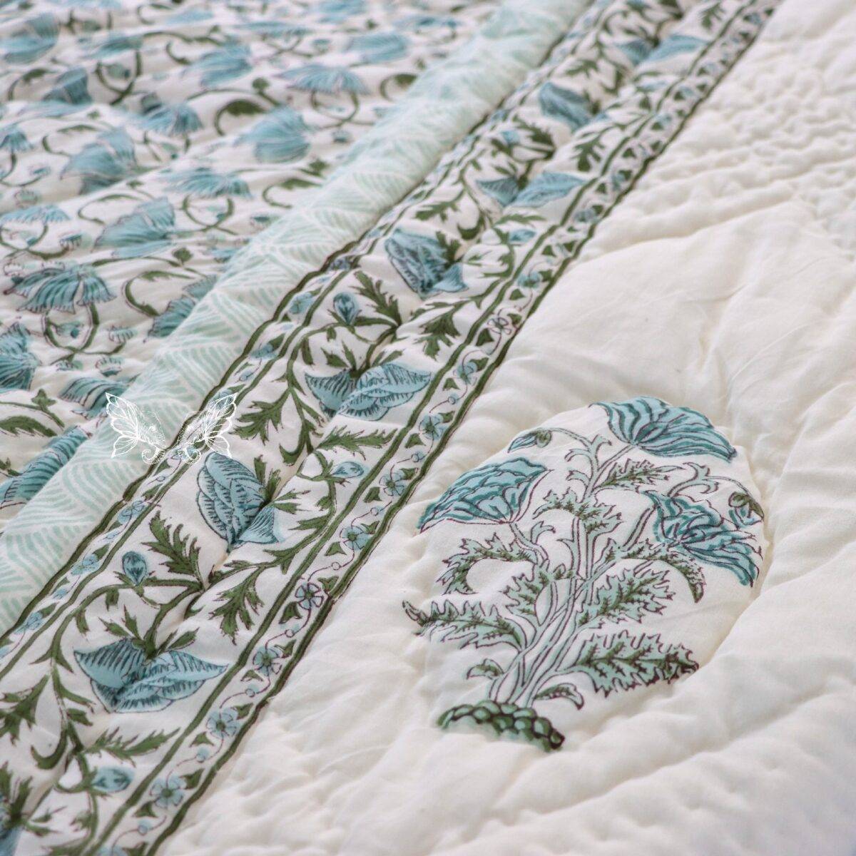 handblock print quilt single floral blue and white 5