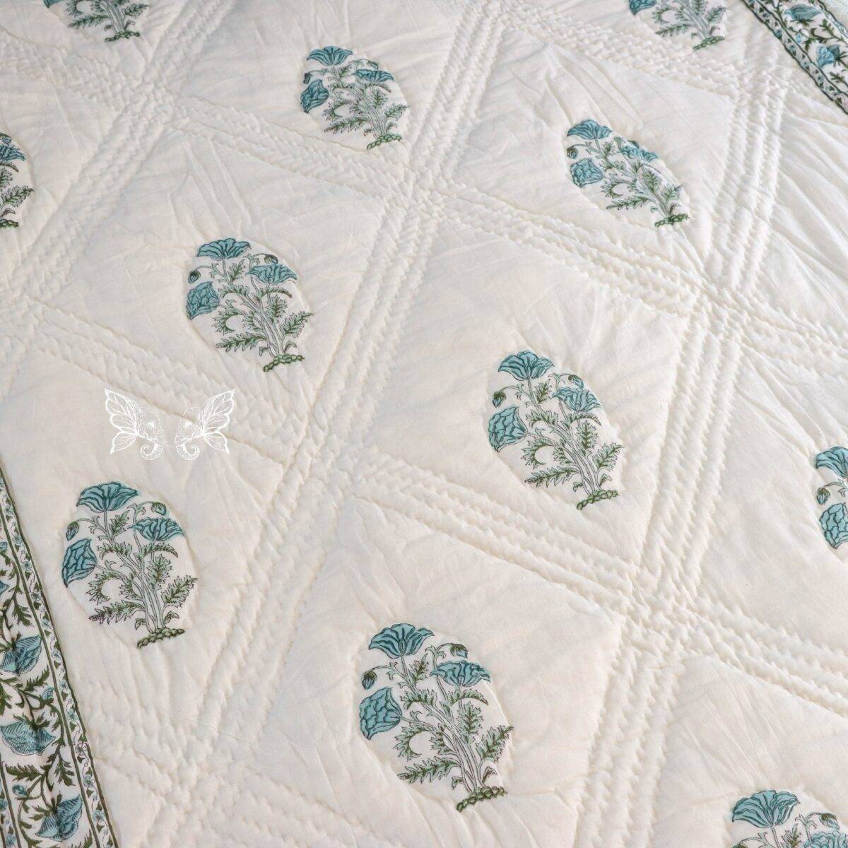 handblock print quilt single floral blue and white 9