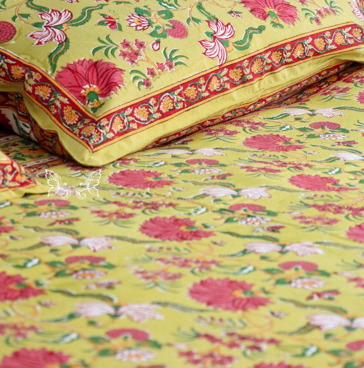 handblock print quilt yellow floral red