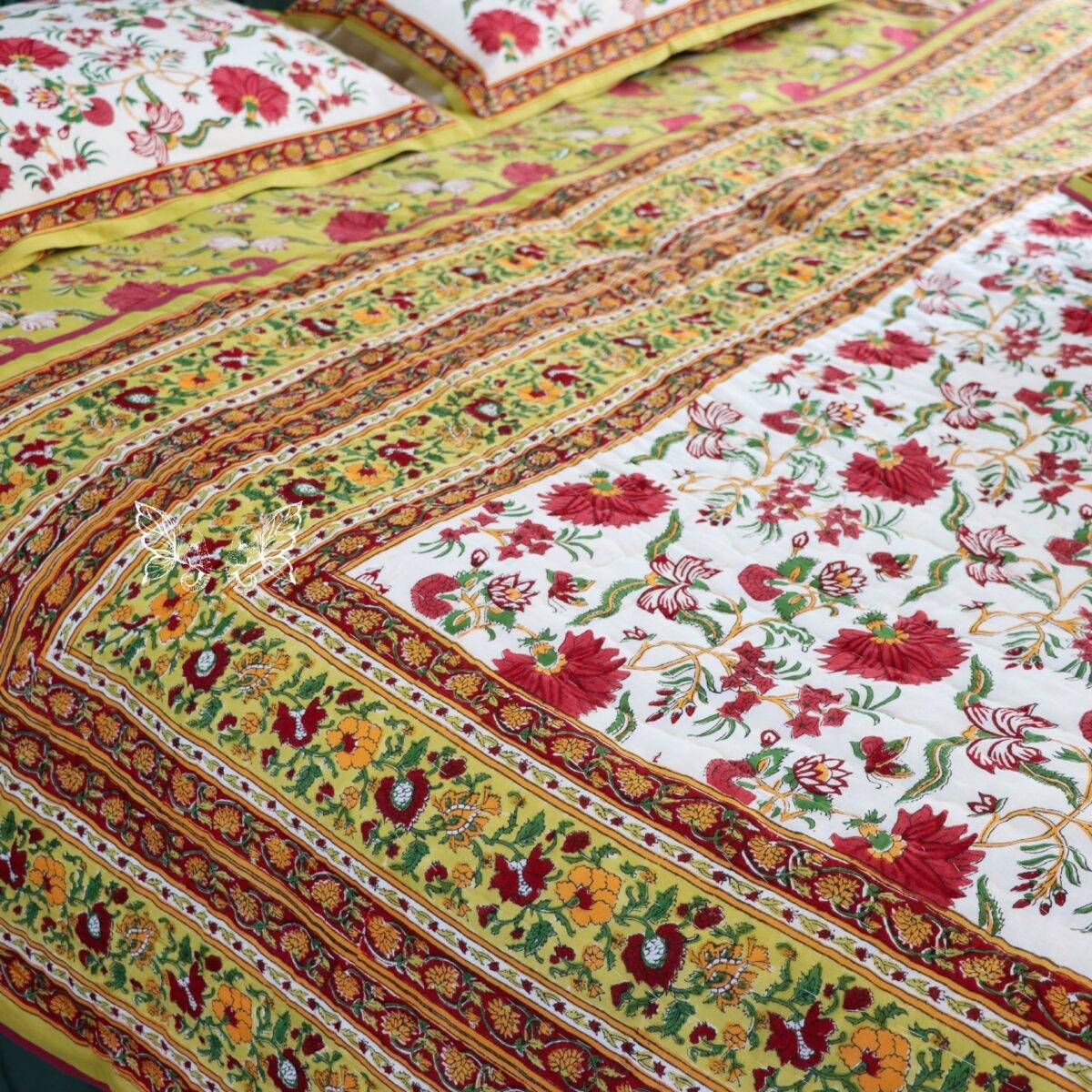 handblock print quilt yellow floral red 10