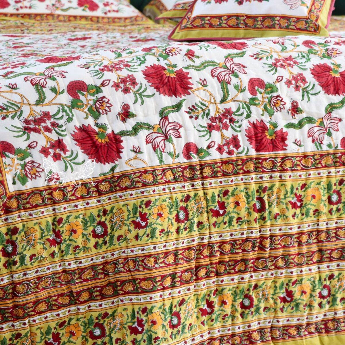 handblock print quilt yellow floral red 11
