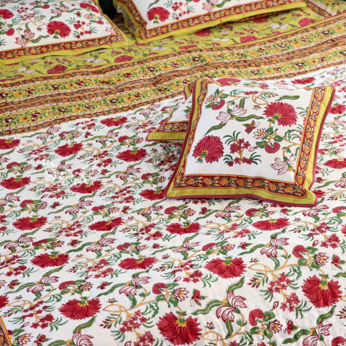 handblock print quilt yellow floral red 12