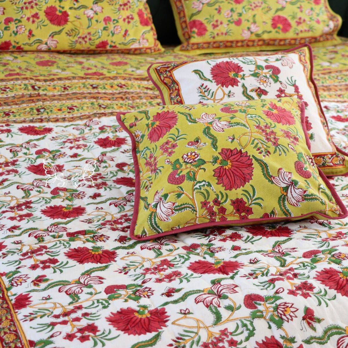 handblock print quilt yellow floral red 13
