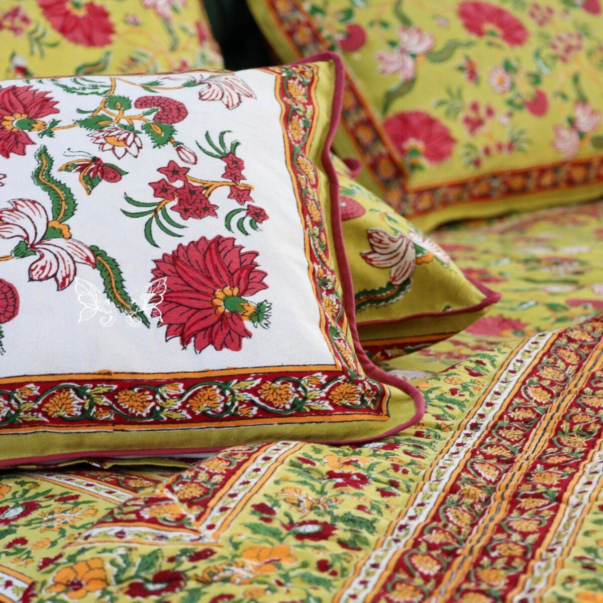 handblock print quilt yellow floral red 14