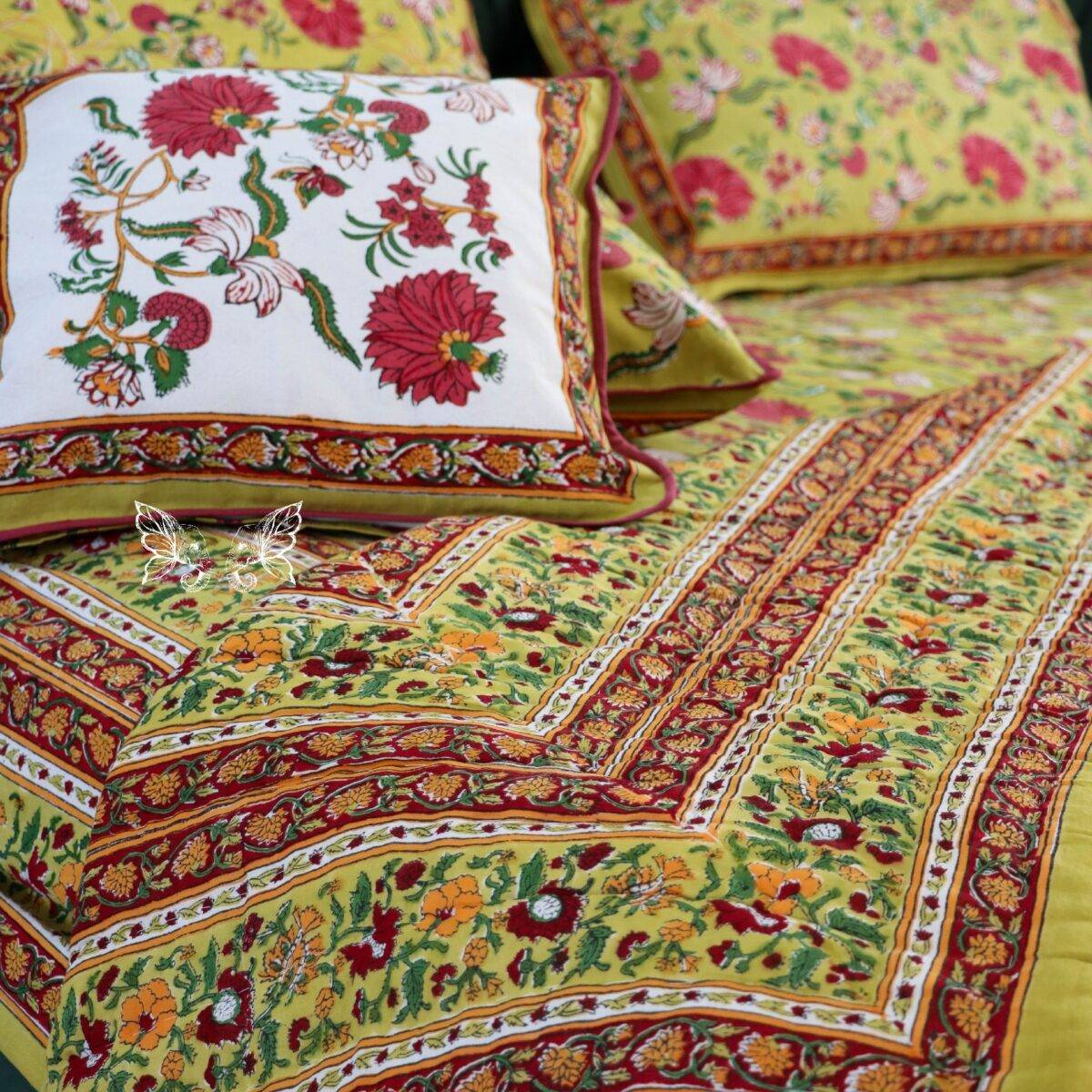 handblock print quilt yellow floral red 15