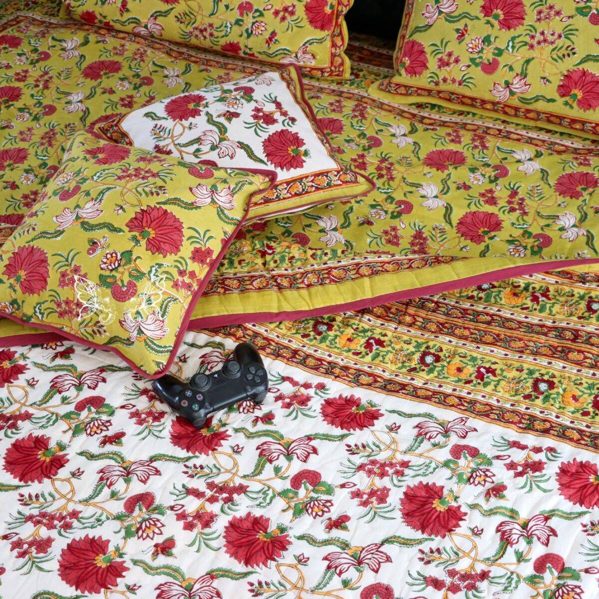 handblock print quilt yellow floral red 16