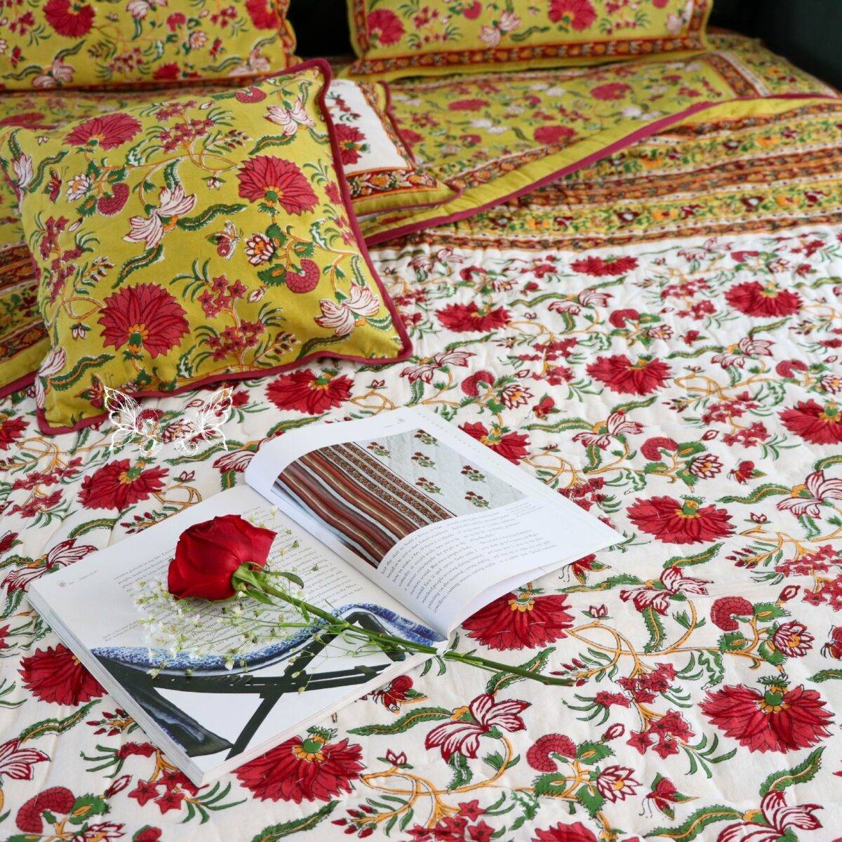 handblock print quilt yellow floral red 17