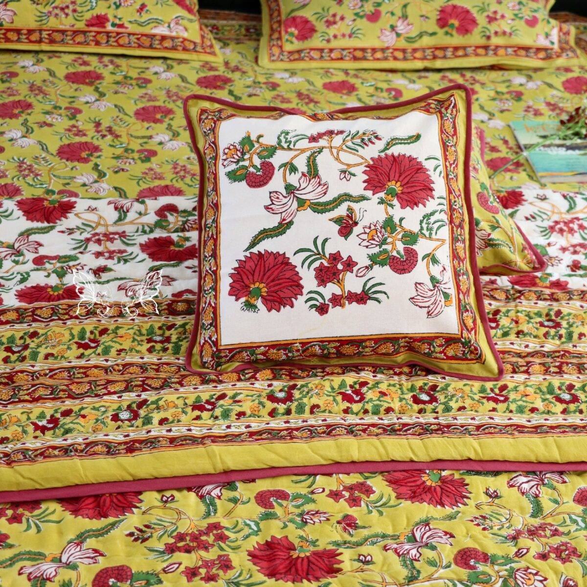 handblock print quilt yellow floral red 18