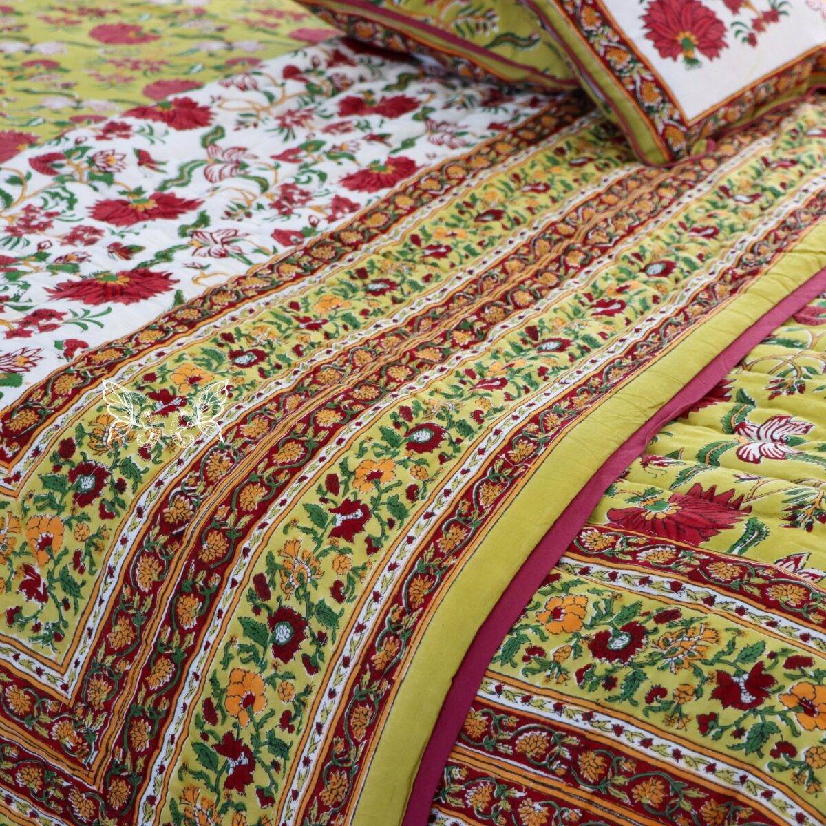 handblock print quilt yellow floral red 19
