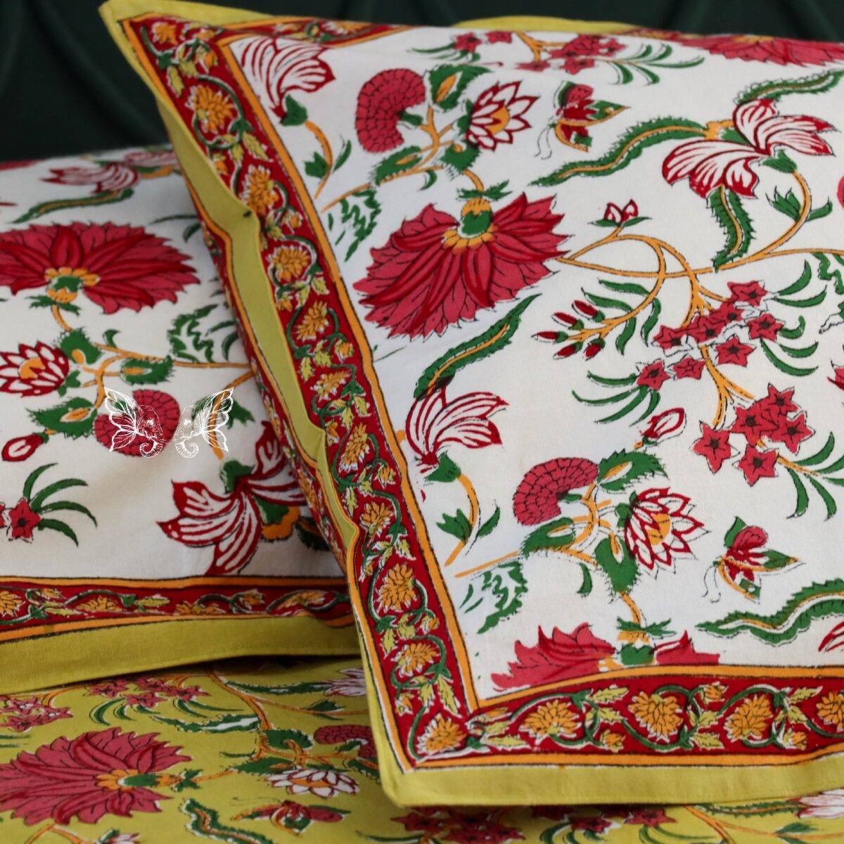handblock print quilt yellow floral red 20