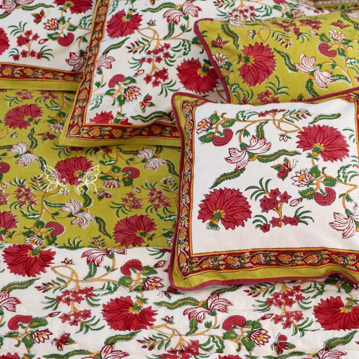 handblock print quilt yellow floral red 21