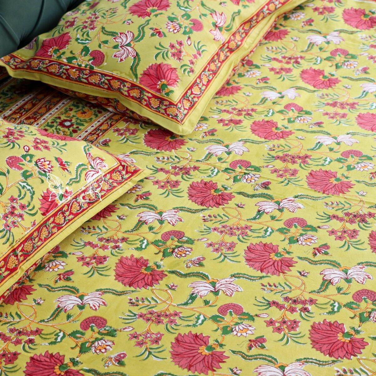 handblock print quilt yellow floral red 3