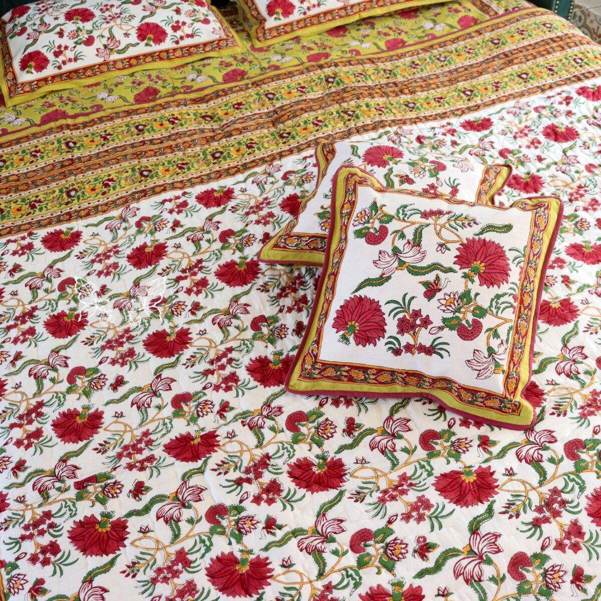 handblock print quilt yellow floral red 9