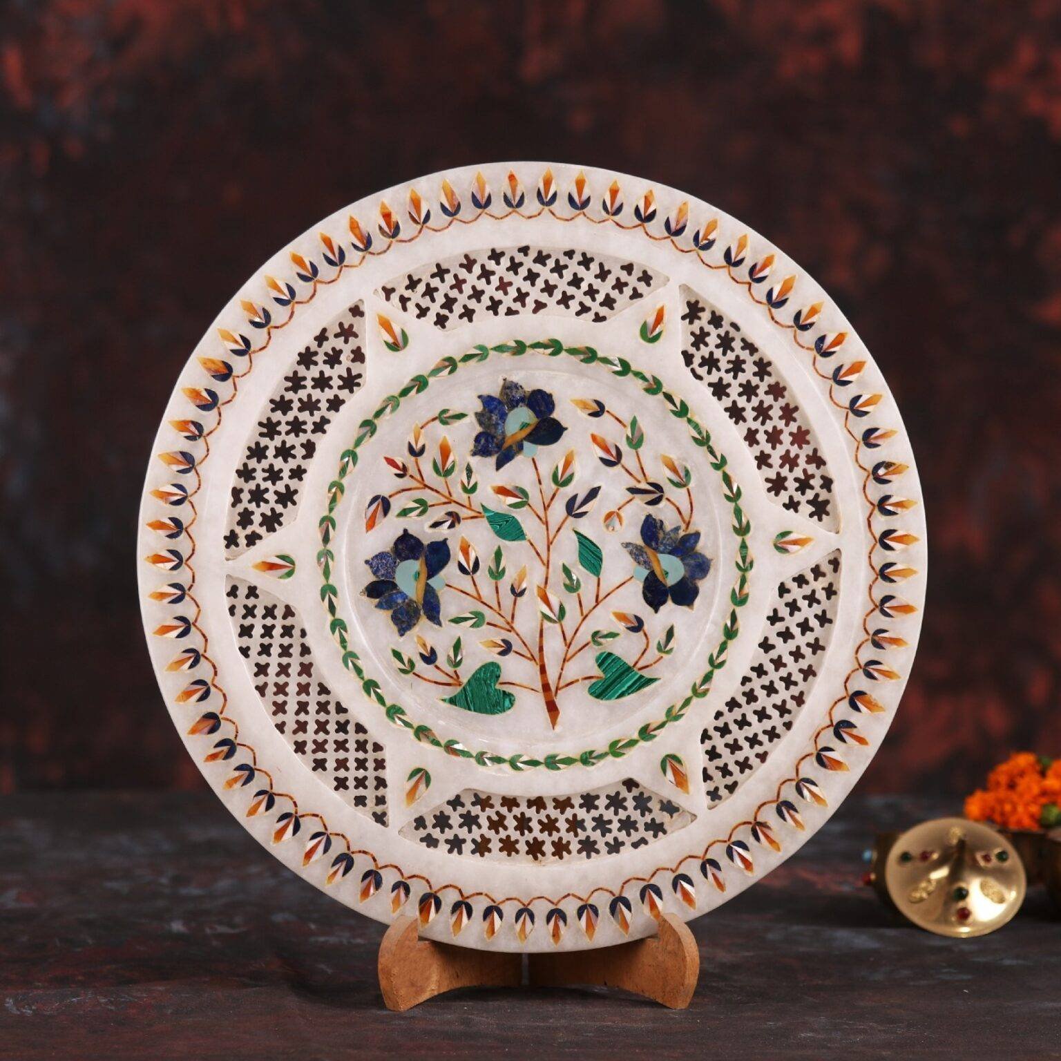 Marble Inlay Plate 13.5 Inches with Stand - CRAFTS IN INDIA