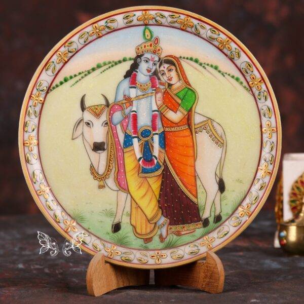Hand Painted Marble Plate with Gold Work – Divine Radha Krishna Art