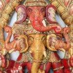 Wood Carving Char Mukhi Red Ganesha