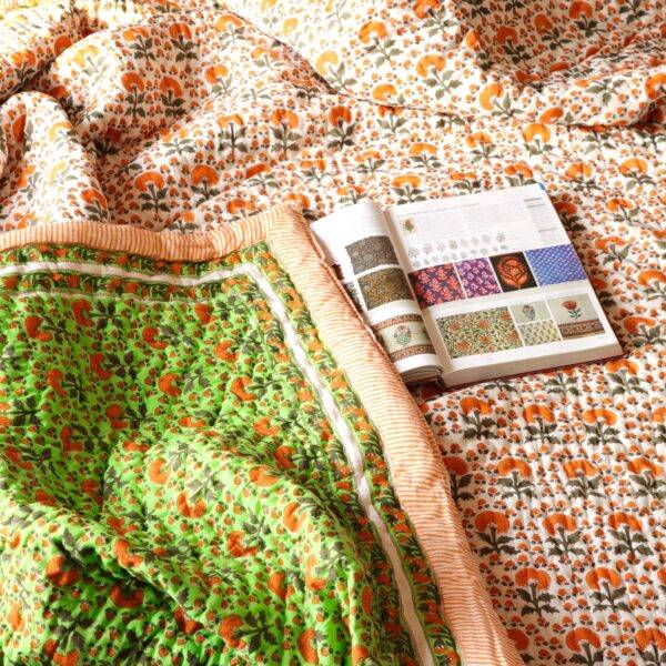 Orange Wildflower Pure Cotton Hand Block Printed Reversible Quilt Double Bed