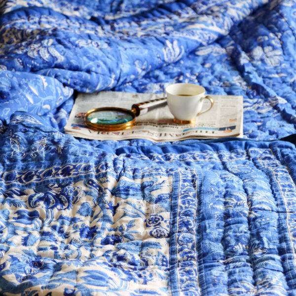 Jodhpur Blue Pure Cotton Hand Block Printed Reversible Quilt King Size