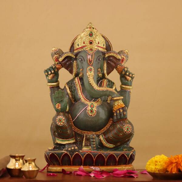 10-Inch Jade Ganesha Sculpture – Handcrafted with Gold Work