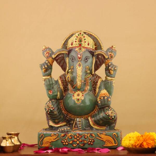 10-Inch Jade Ganesha Sculpture – Handcrafted with Gold Work