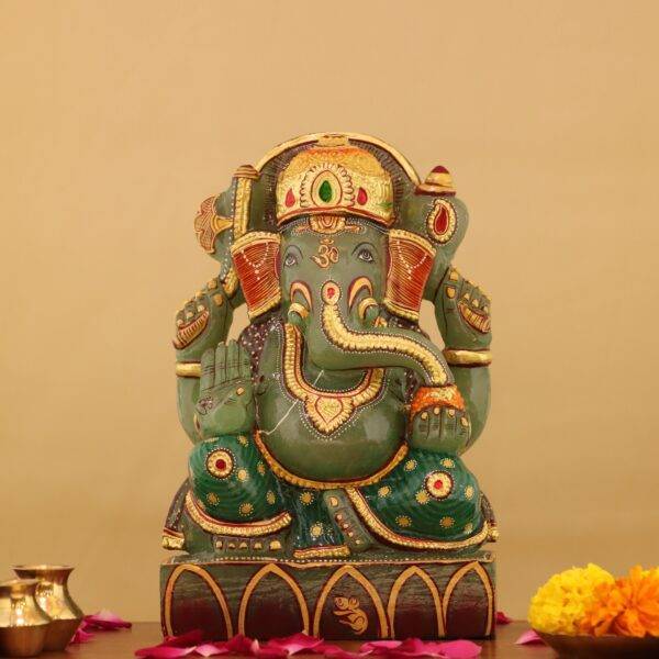 10-Inch Jade Ganesha Sculpture – Handcrafted with Gold Work